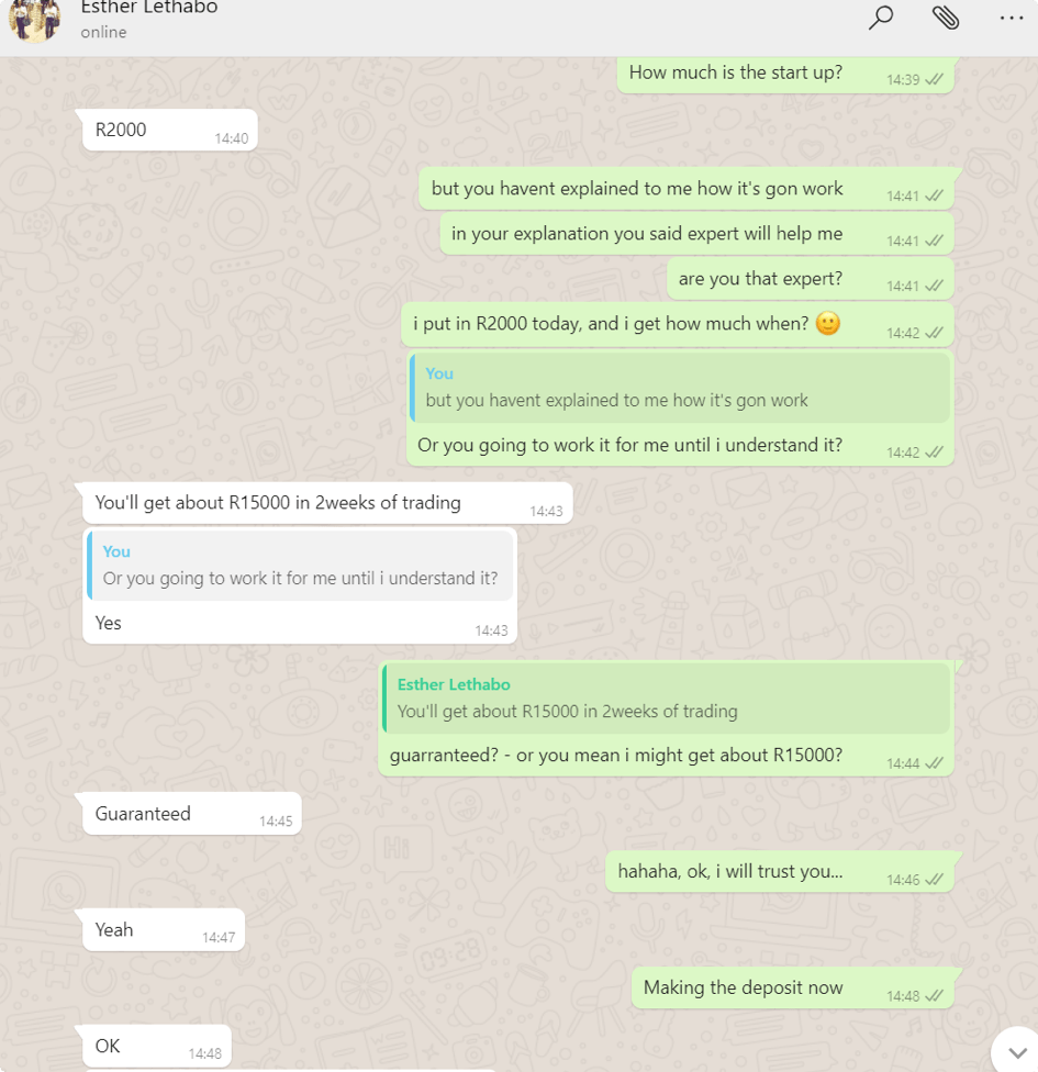 WhatsApp conversation between a Luno customer and a phisher