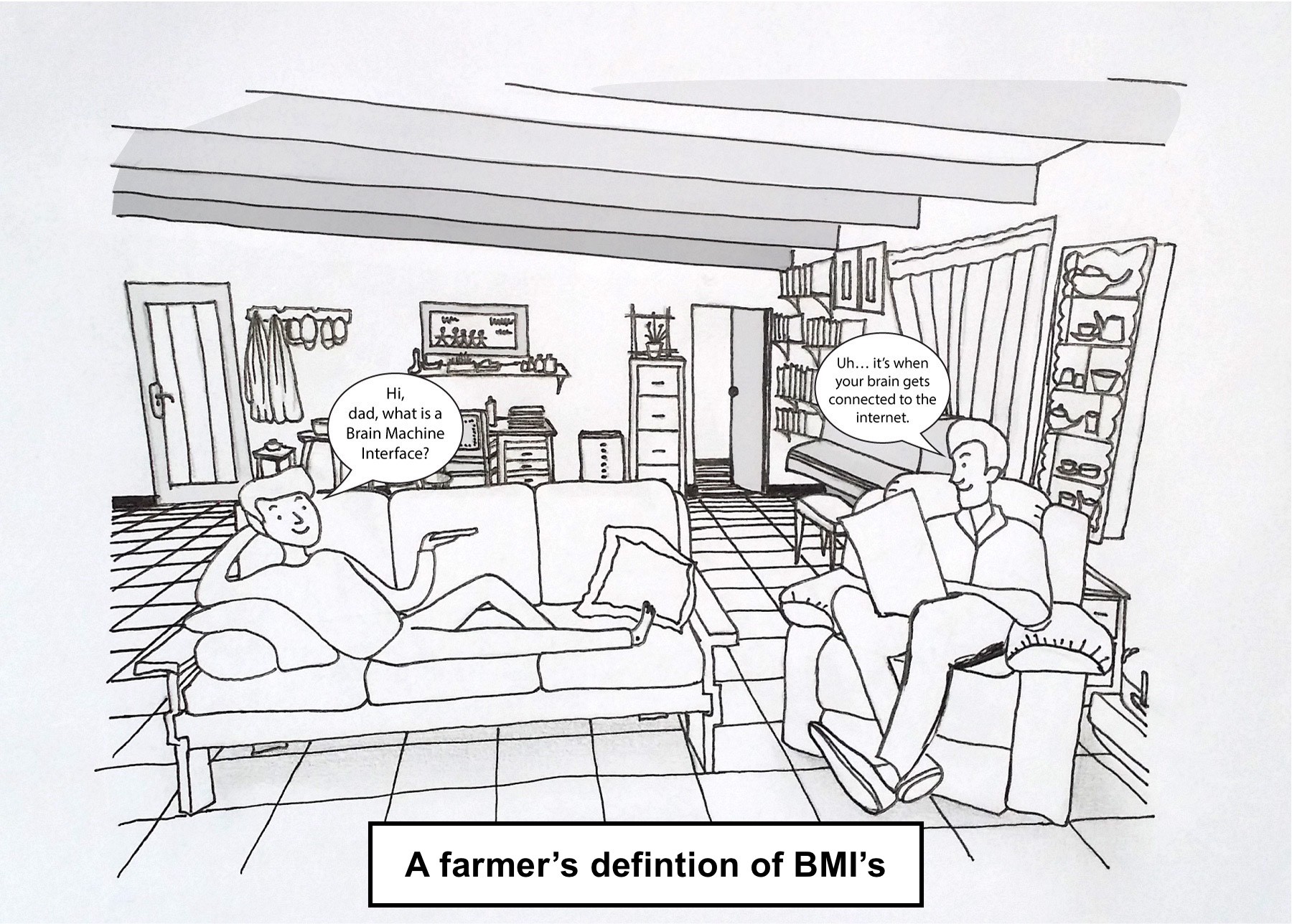 Living room scene with dad and me sitting on couches asking him what a brain machine interface is