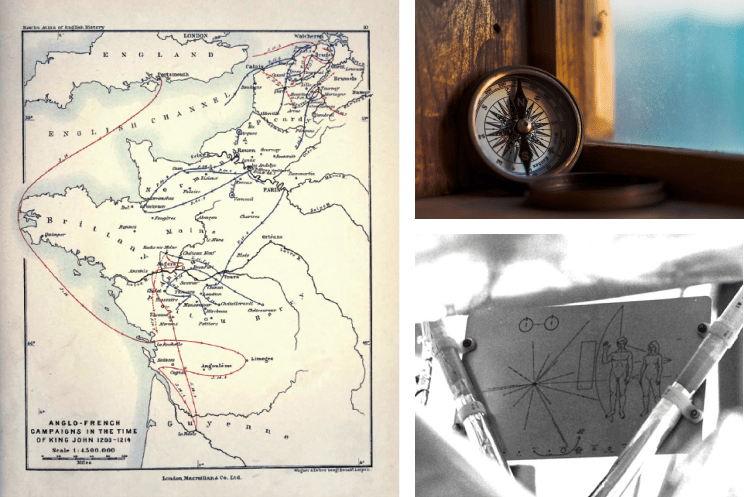 LTR: Emil Reich's map marked with arrows. A random compass. Carl Sagan's drawing that accompanied the Pioneer.